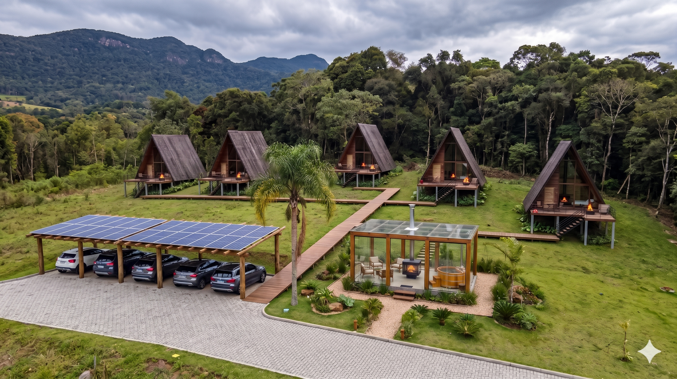 Vista Aérea do Nascente do Vale com as 5 cabanas A-Frame, parque de estacionamento solar e área de contemplação