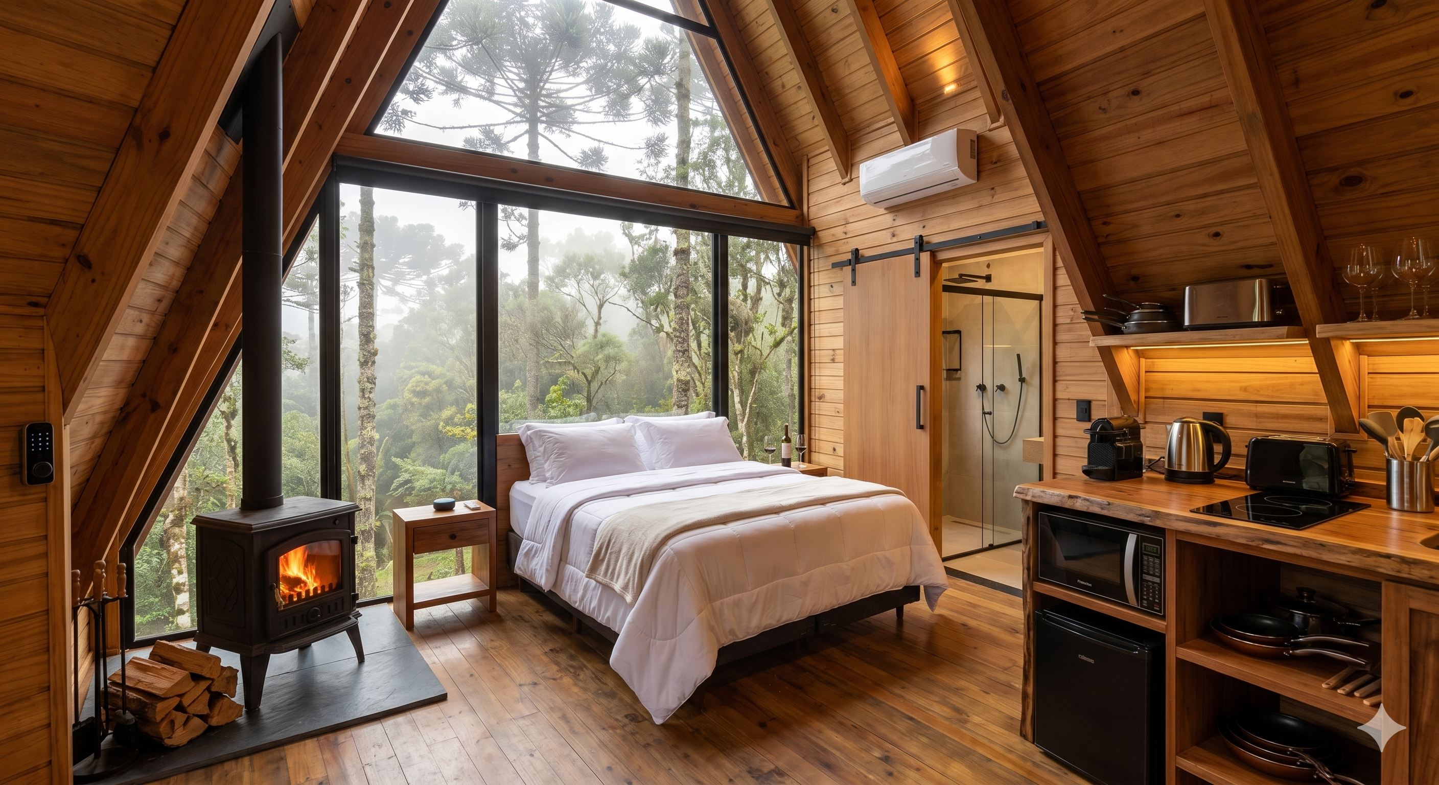 Detalhe da Cabana A-Frame com Lareira Externa e Deck